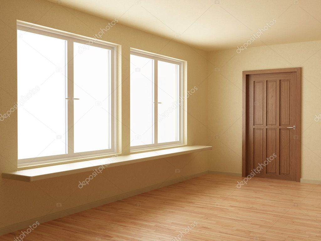 New room, with wooden door and floor, 3d illustration