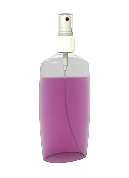 Bottiglia spray con liquido rosa, isolata su bianco — Foto Stock