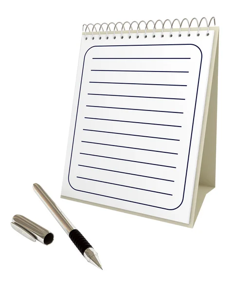 Cuaderno espiral en blanco con pluma, aislado en blanco — Foto de Stock