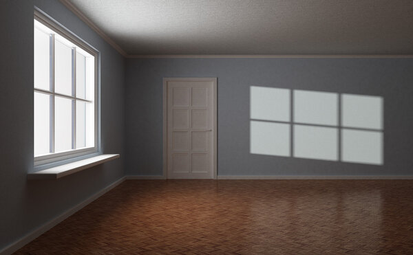 Empty room, with door and window, and sun highlight