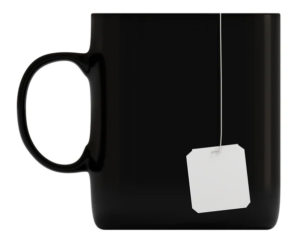 Tasse noire, étiquette vierge, isolée sur blanc — Photo