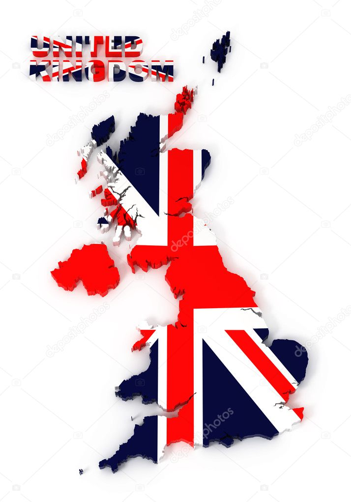 UK, United Kingdom map with flag, isolated on white