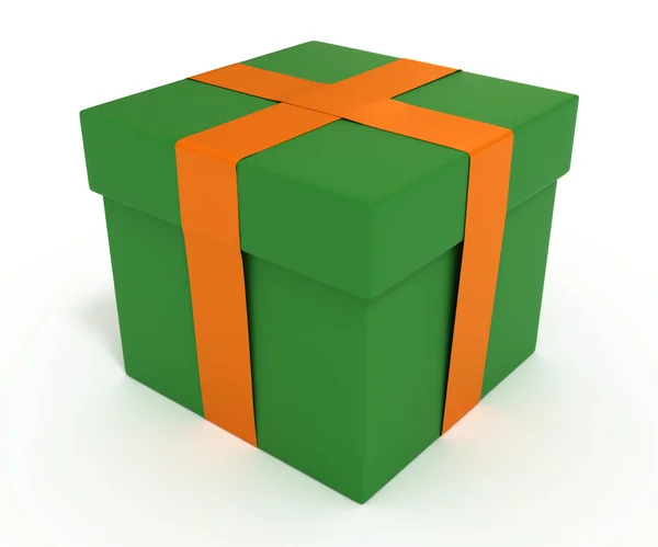 Caja de regalo verde con cinta naranja, aislada en blanco —  Fotos de Stock