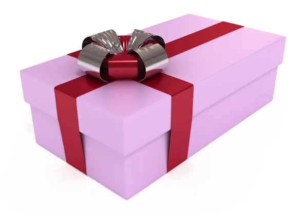 Розовая подарочная коробка, с красной лентой и луком, изолированные — стоковое фото
