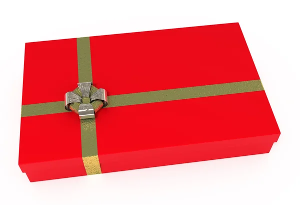 Altın şeritler, üzerinde beyaz izole kırmızı hediye kutusu — Stok fotoğraf