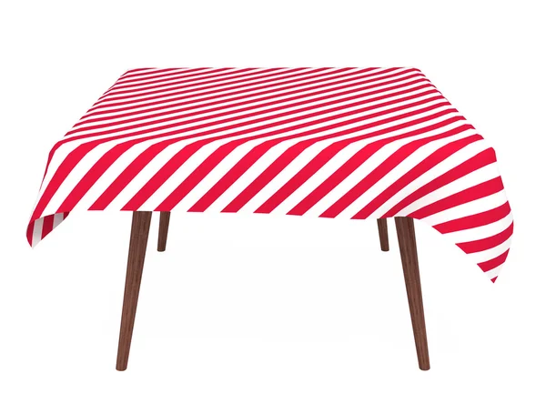 Tisch mit gestreifter Tischdecke, isoliert auf weiß — Stockfoto