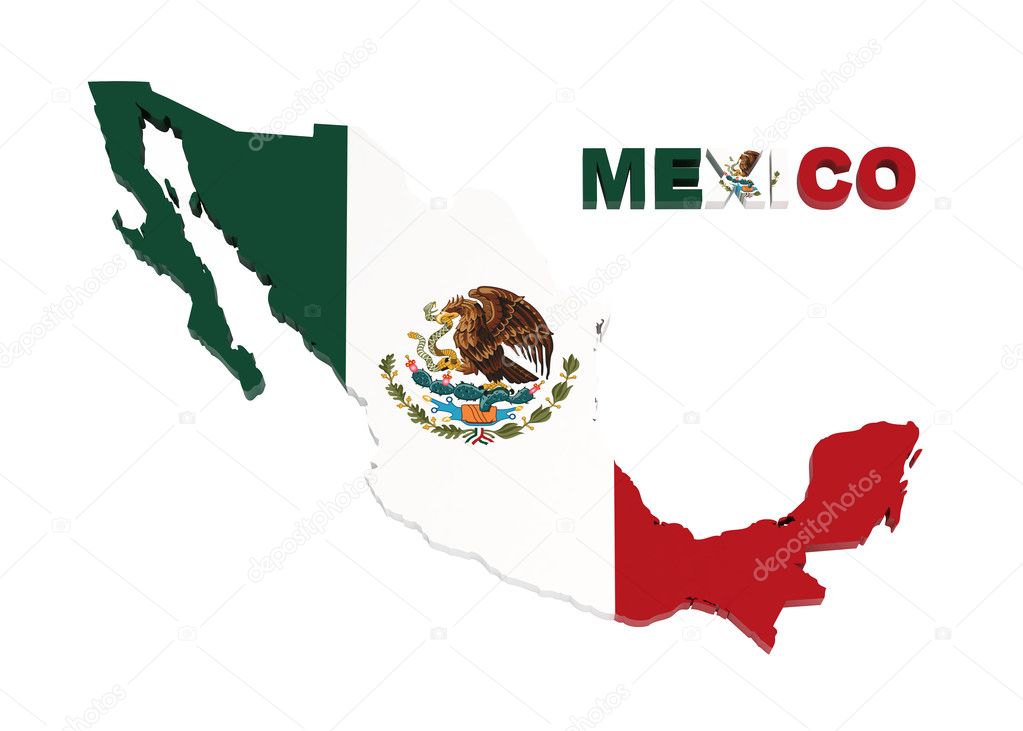 Mexico, map with flag, isolated on white