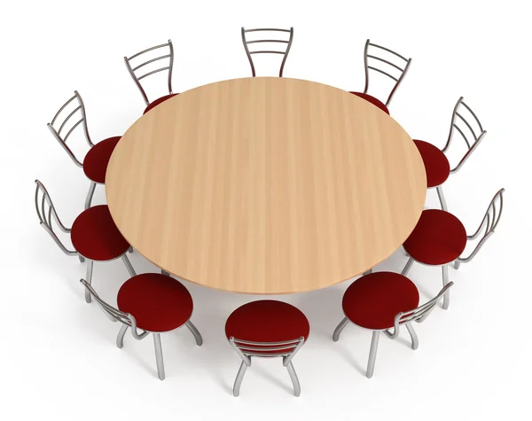 Круглый стол со стульями, изолированными на белом с вырезкой — стоковое фото
