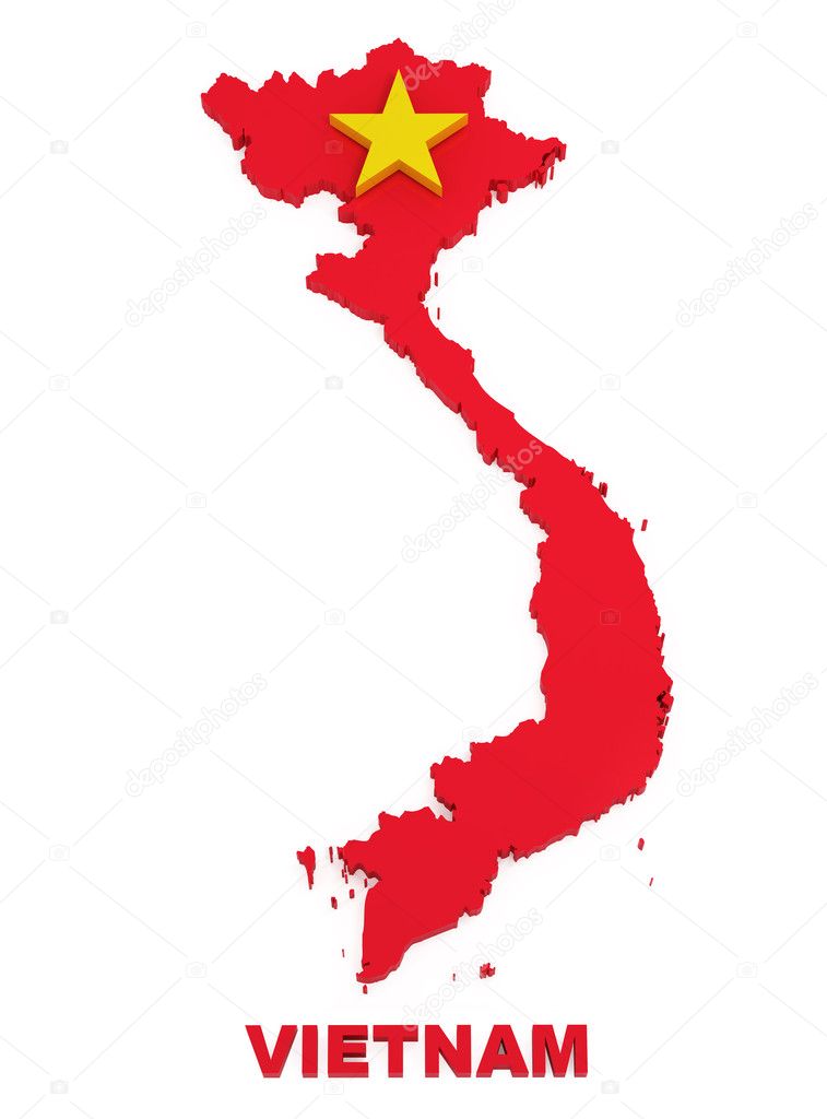Vietnam, map with flag, isolated on white with clipping path, 3d illustration