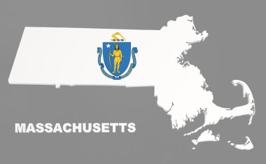 Massachusetts state, map with flag, isolated on grey, with clipping path, 3d illustration clipart