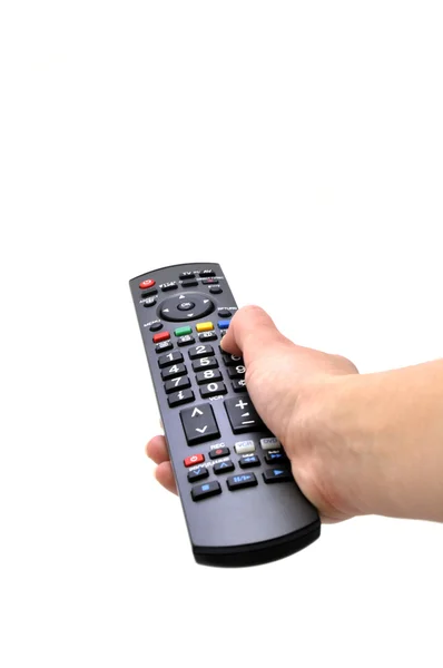 Tv remote and women hand isolated white — Stock Photo, Image