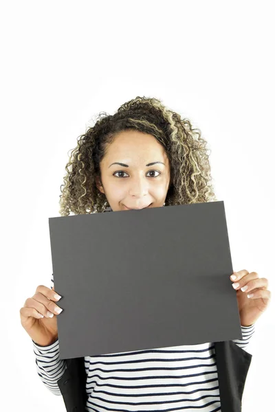 A young girl showing a blank grey board — Stock Photo, Image