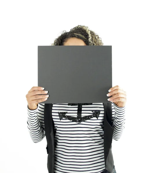 Young Girl Showing Blank Grey Board Studio — Stock Photo, Image