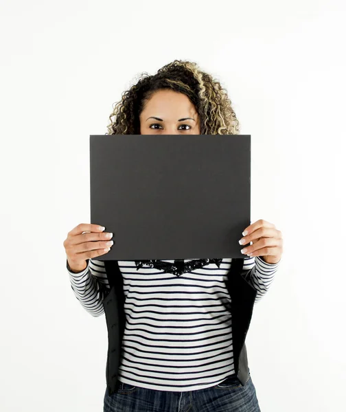 Young Girl Showing Blank Grey Board Studio — Stock Photo, Image