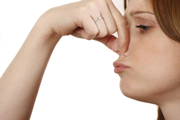 Profil Young Woman Her Finger Her Nose — Stock Photo, Image