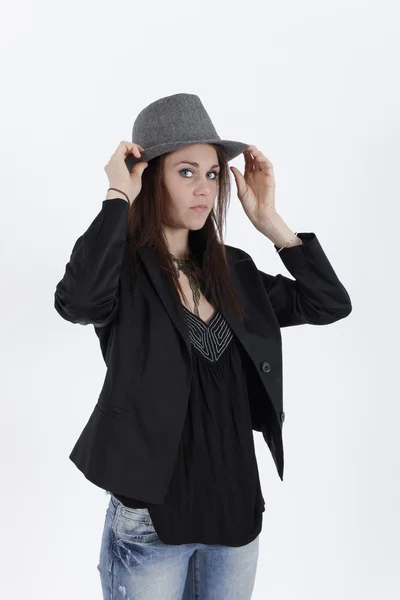 Young Woman Studio Grey Hat — Stock Photo, Image