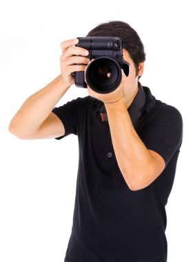 genç erkek photograher Studio, üzerinde beyaz izole