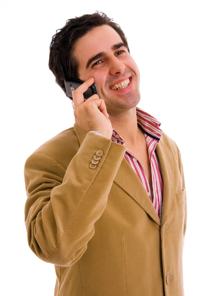 Jovem homem de negócios bonito feliz no telefone, isolado no branco — Fotografia de Stock
