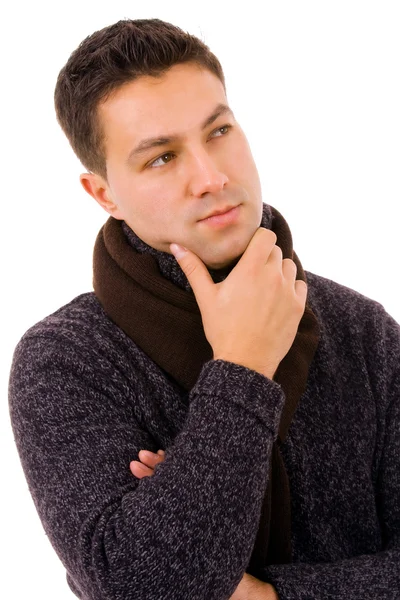 Fundersam casual ung klädd med vinterkläder, isolerad o — Stockfoto