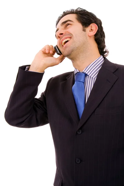Jovem homem de negócios bonito feliz no telefone, isolado no branco — Fotografia de Stock