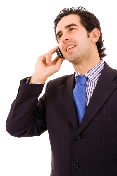 En glad ung vacker affärsman på telefon, isolerad på vit — Stockfoto