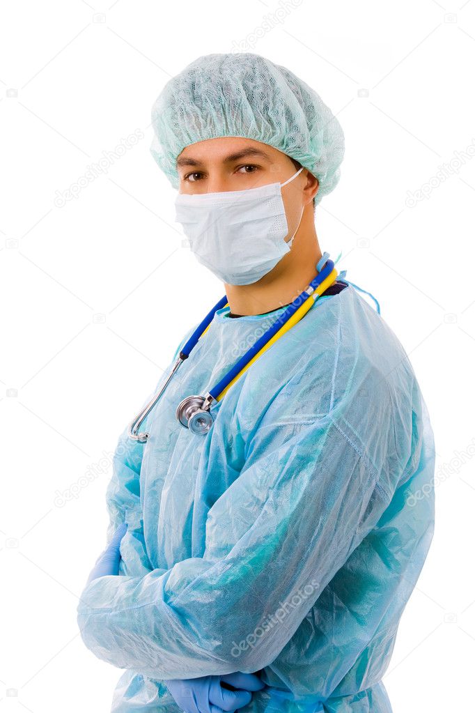 Portrait of a young male surgeon whith stethoscope. Isolated on