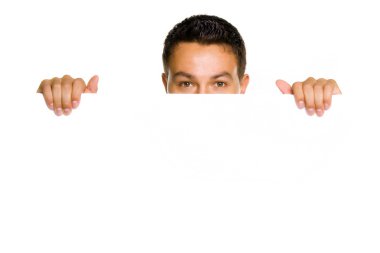 Potrait of a young guy holding blank billboard clipart