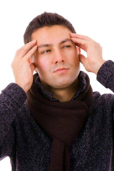 Příležitostné mladík s bolestí hlavy — Stock fotografie
