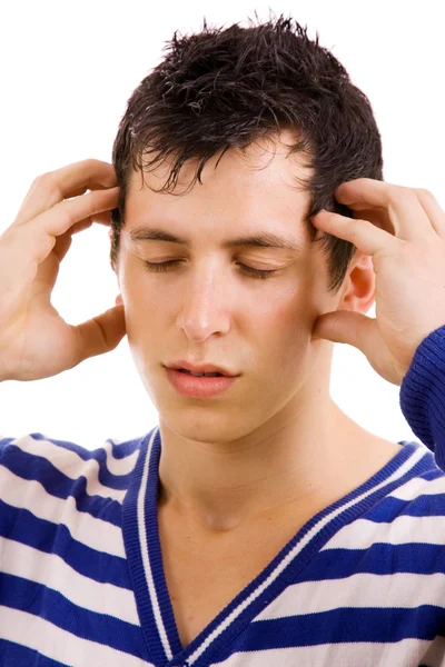 Νεαρός άνδρας με αγωνία με έναν πονοκέφαλο — Φωτογραφία Αρχείου