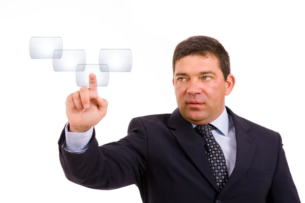 Uomo d'affari premendo un pulsante touchscreen — Foto Stock
