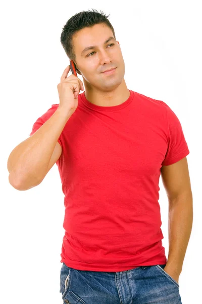 Beyaz arka plan üzerinde izole telefonda genç casual adam — Stok fotoğraf