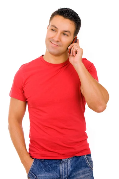 Jovem homem casual no telefone, isolado no fundo branco — Fotografia de Stock