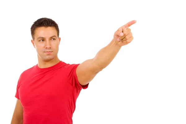 Junger attraktiver Mann mit erhobenem Zeigefinger, isoliert auf weiß — Stockfoto