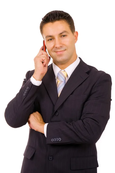 Jovem homem de negócios ao telefone, isolado em branco — Fotografia de Stock