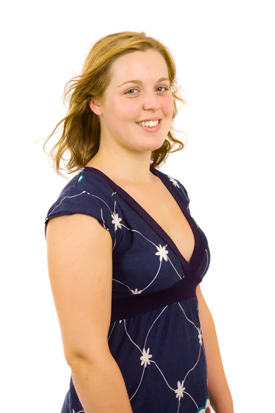 Jonge casual blonde vrouw close-up portret, op witte achtergrond — Stockfoto