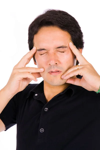 Ung casual man med huvudvärk, isolerad på vit — Stockfoto