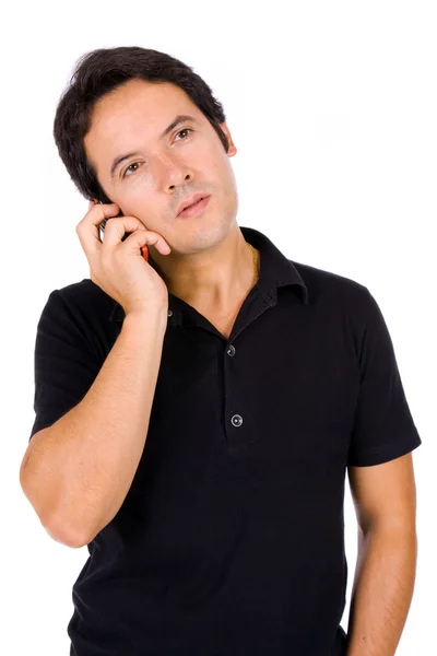 Молодой случайный человек на телефоне, изолированный от белого — стоковое фото
