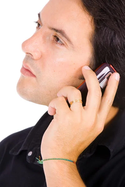 Młody człowiek dorywczo w telefonie, na białym tle — Zdjęcie stockowe