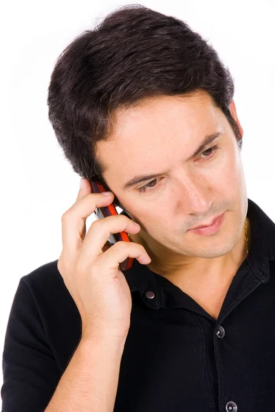 A telefon, elszigetelt fehér alkalmi fiatalember — Stock Fotó