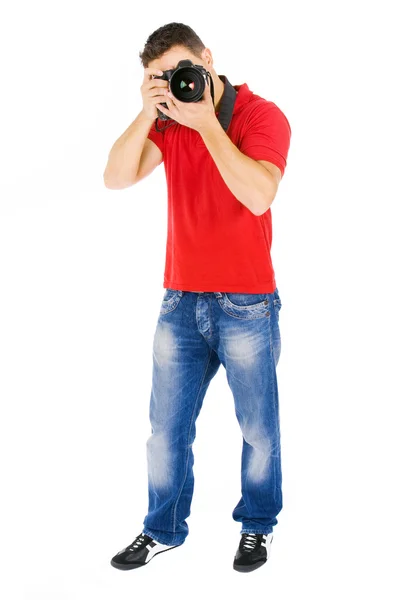 Giovane fotografo con macchina fotografica, isolato su bianco — Foto Stock