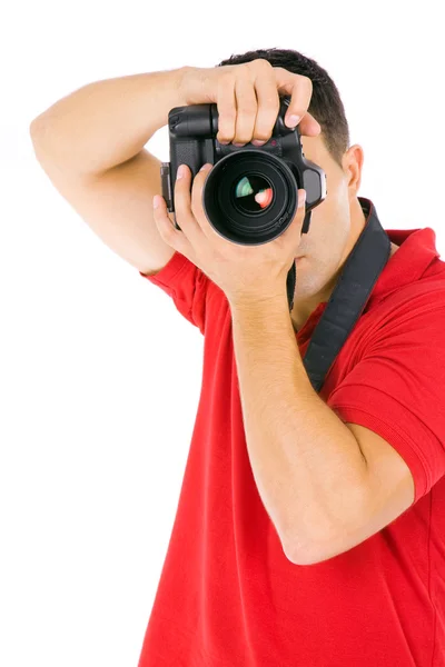 年轻摄影师用相机，孤立在白色 — 图库照片