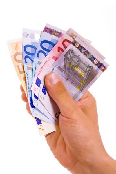 Homem mão whith notas de euro, isolado em branco — Fotografia de Stock