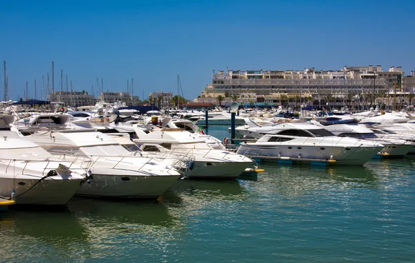 stock image Luxurious yachts docked in the marina of Vilamoura, Algarve Port