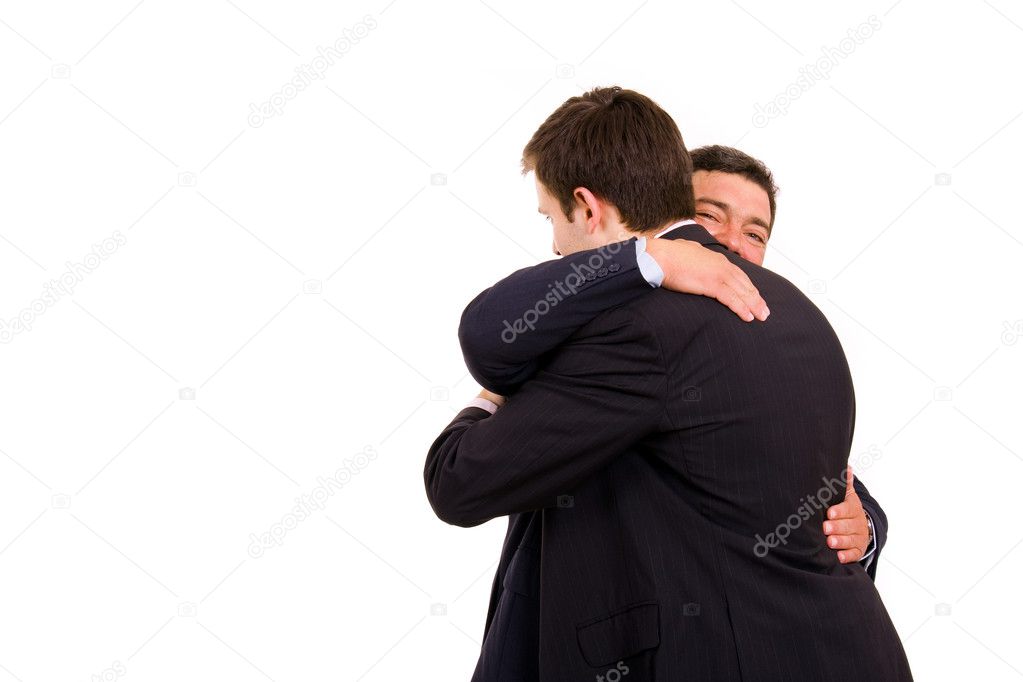 Happy embracing of two business men, isolated on white