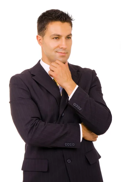 Portret van een peinzende jonge zakenman, geïsoleerd op wit — Stockfoto