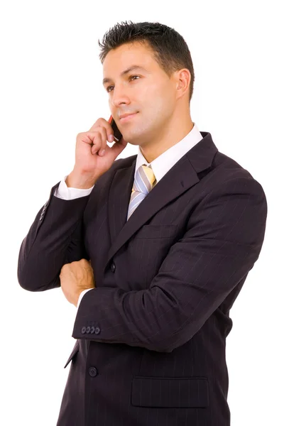Genç iş adamı üzerinde beyaz izole telefonda — Stok fotoğraf