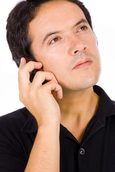 Gros plan portrait d'un jeune homme au téléphone. Isolé sur blanc — Photo