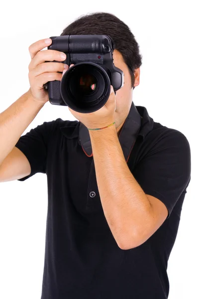 Junger männlicher Fotograf im Studio, isoliert auf Weiß — Stockfoto