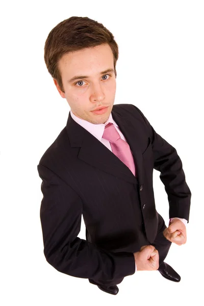 Young business man playing silly, isolated on white — Stock Photo, Image