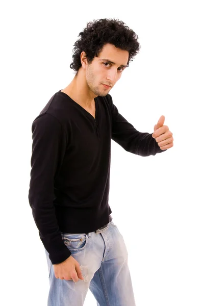 Handsome young man tumbs up over a white backgound — Stock Photo, Image